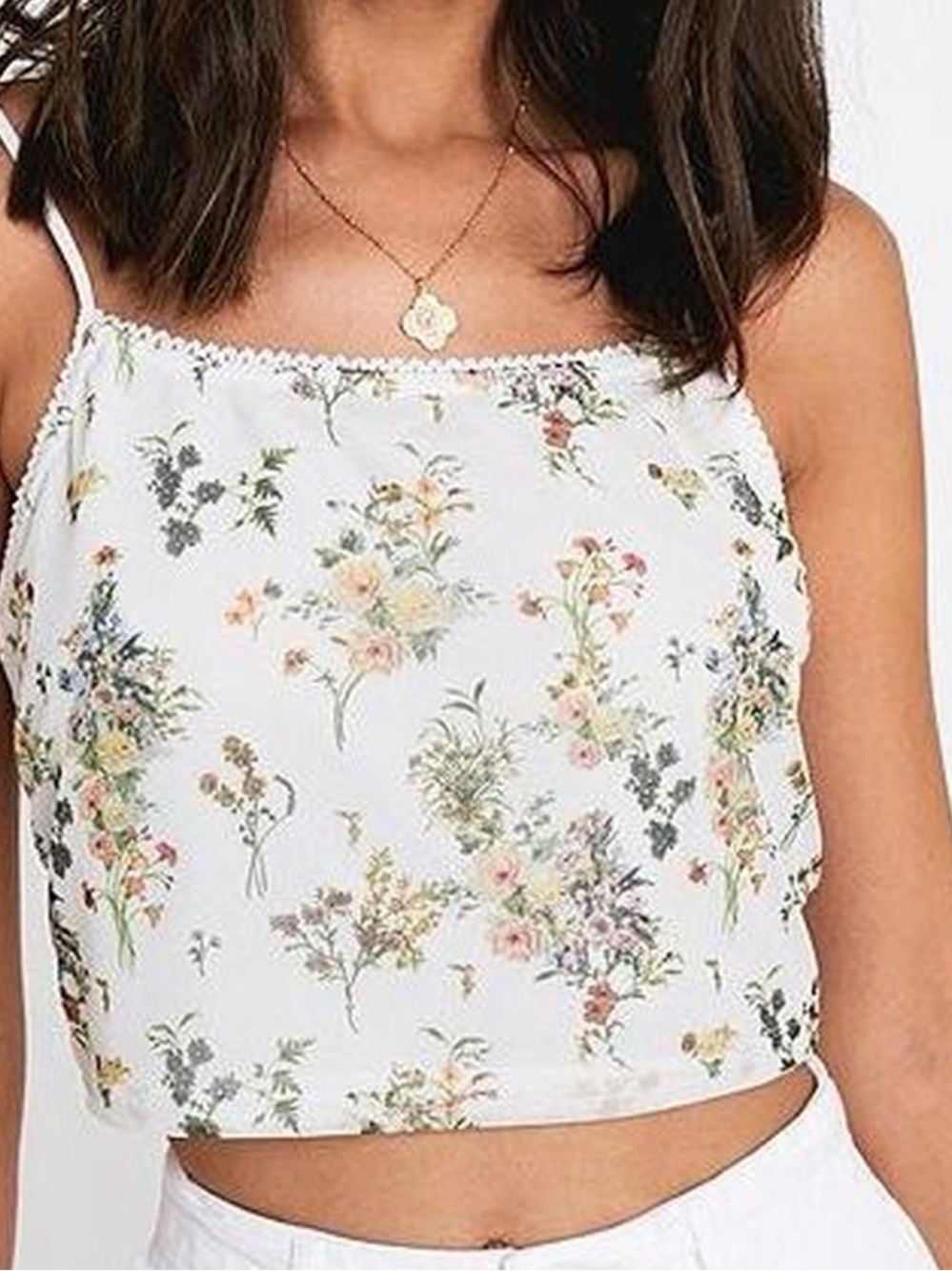 Urban Outfitters Cream Floral Spaghetti-Strap Crop Top